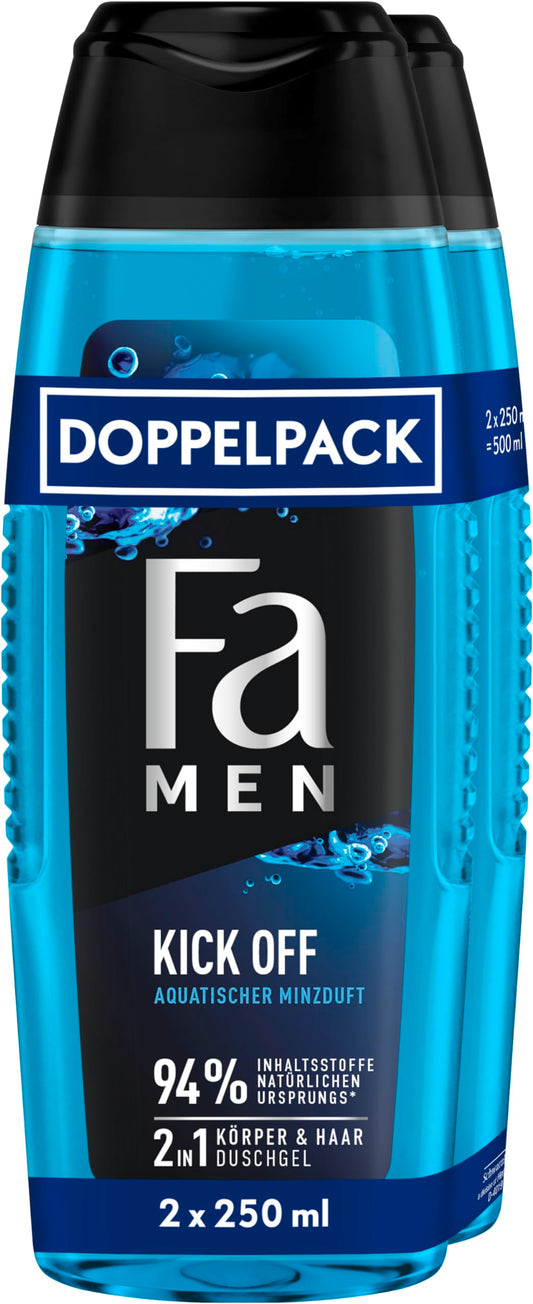 FA Men 2-in-1 Kick Off Shower Gel, Pack of 2 (2 x 250 ml), 2-in-1 Formula for Hair and Body, Activate Your Senses with the Intense, Masculine-Fresh