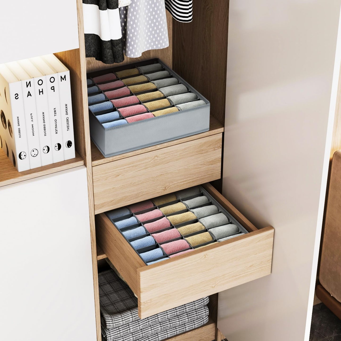 Joyoldelf Drawer Organiser - Set of 4 Foldable Sock Organisers - Wardrobe Storage Organiser with 24 Cells - Drawer Dividers Storage Boxes for Socks