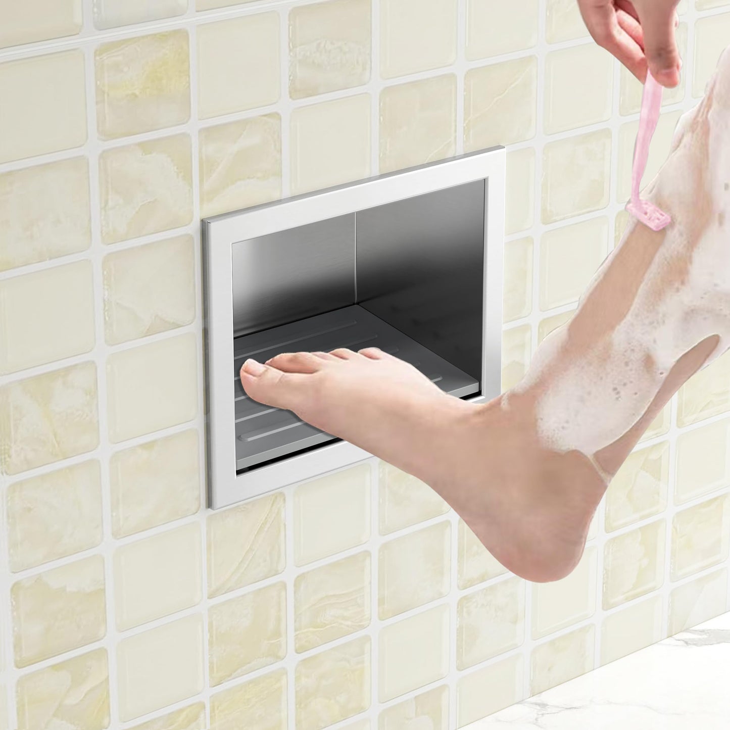 Neohomee Footrest Shower Recessed Wall Recess Made of 304 Stainless Steel Recess with Non-Slip Silicone Pads for Shaving Legs