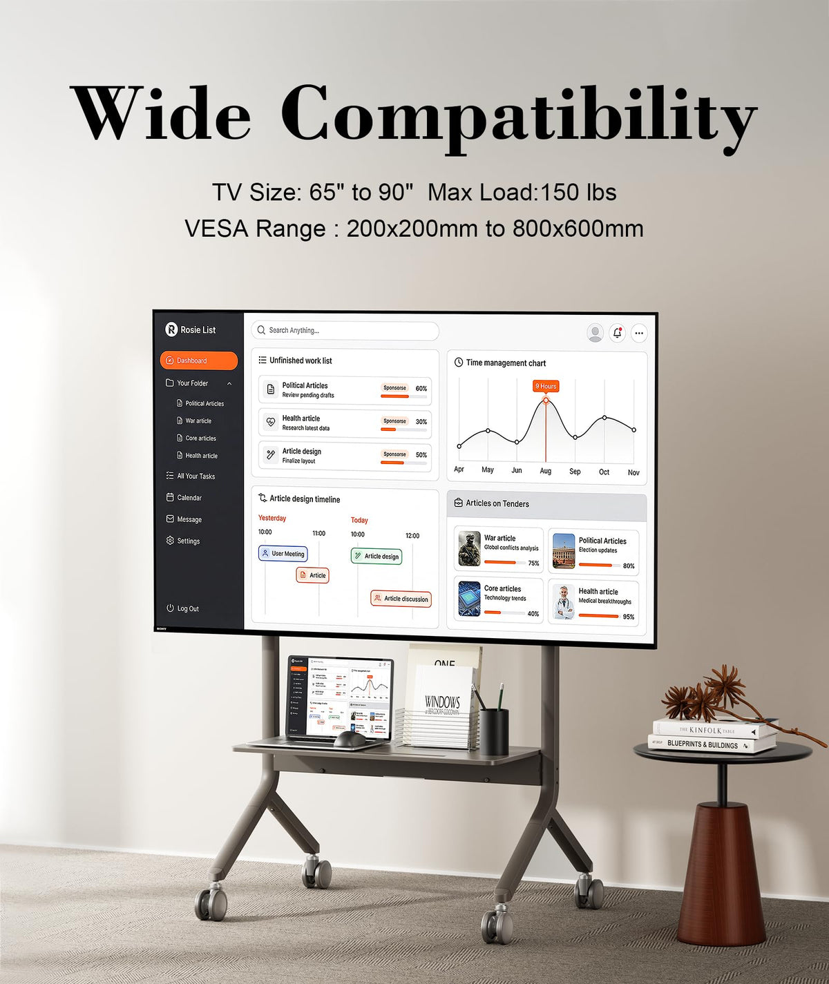 NB Ergonomic Mobile TV Cart on Wheels for Max 90 Inch Screen - TV Stand Load up to 68 kg | Height Adjustable, Silent Scroll Wheel