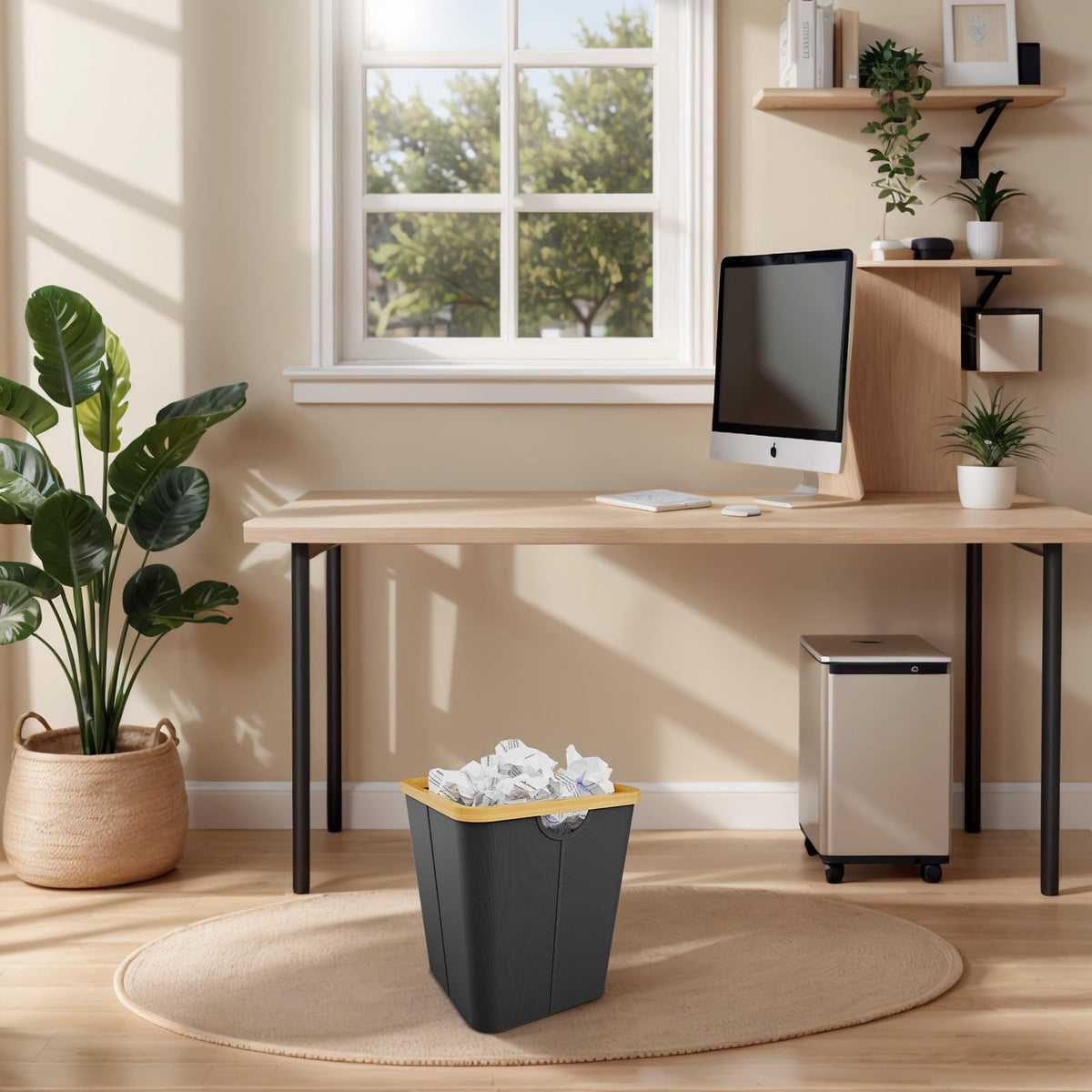 Vireon Waste Paper Bin with Bamboo Frame 30L Waste Basket with Oxford Fabric - Desk Bins for Office & Home Accessories Black, Square, 30, Litres