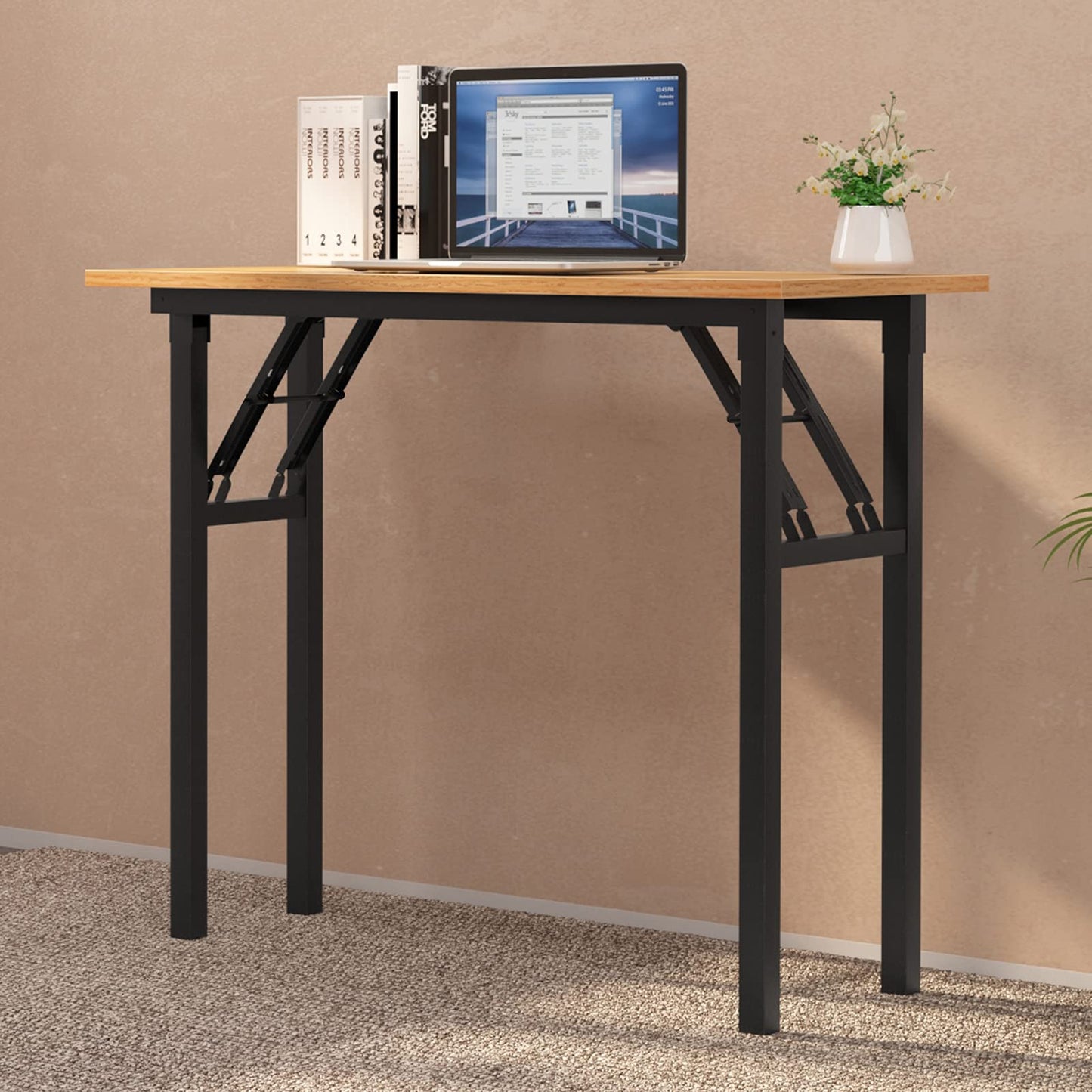 sogesfurniture Folding Table Office Study Writing Desk Workstation Dining Table, No Install Needed, 80x40x75cm, Teak&Black BHEU-LP-AC5YB-8040