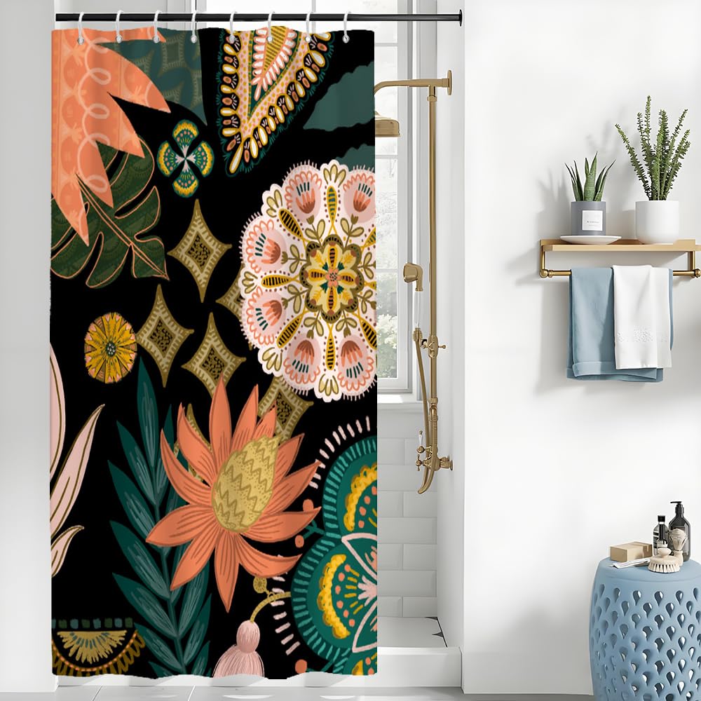 Uiiooazy Boho Shower Curtain, Floral Green Leaves Bohemian Tropical Plant Bath Curtain Anti Mildew Waterproof Polyester Fabric Opaque Washable Shower
