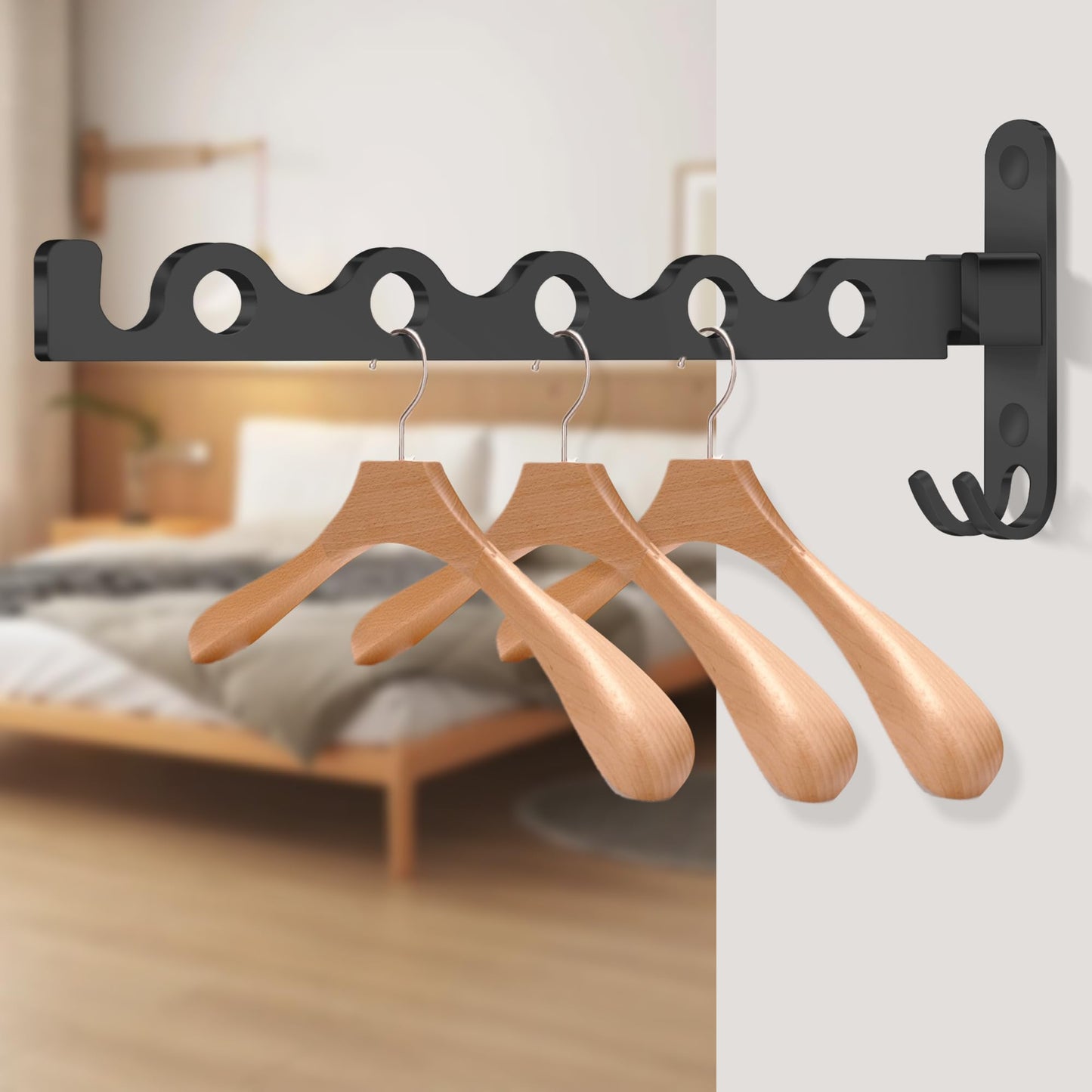 MEIJO Wall-Mounted Clothes Rack Black, Foldable Wall Mounted Clothes Rail, 90° Rotation Heavy Duty Wall Clothing Drying Rack Wall Coat Rack for