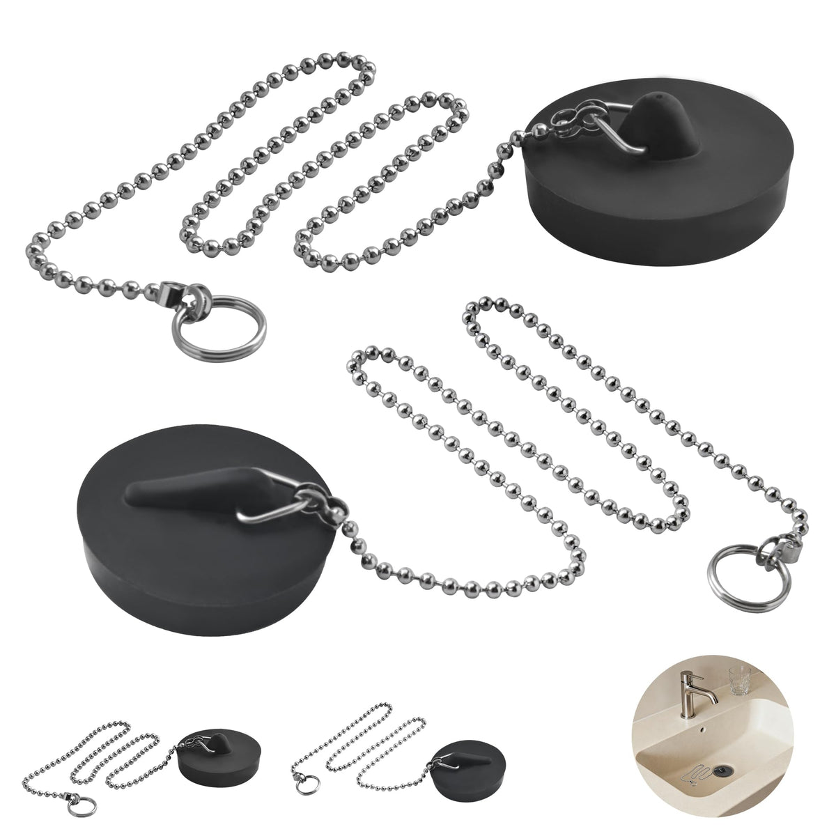 SZWLJ 4PCS1.77in*2 & 1.85in*2 Black Sink Plug, Rubber Bath Plug and Chain