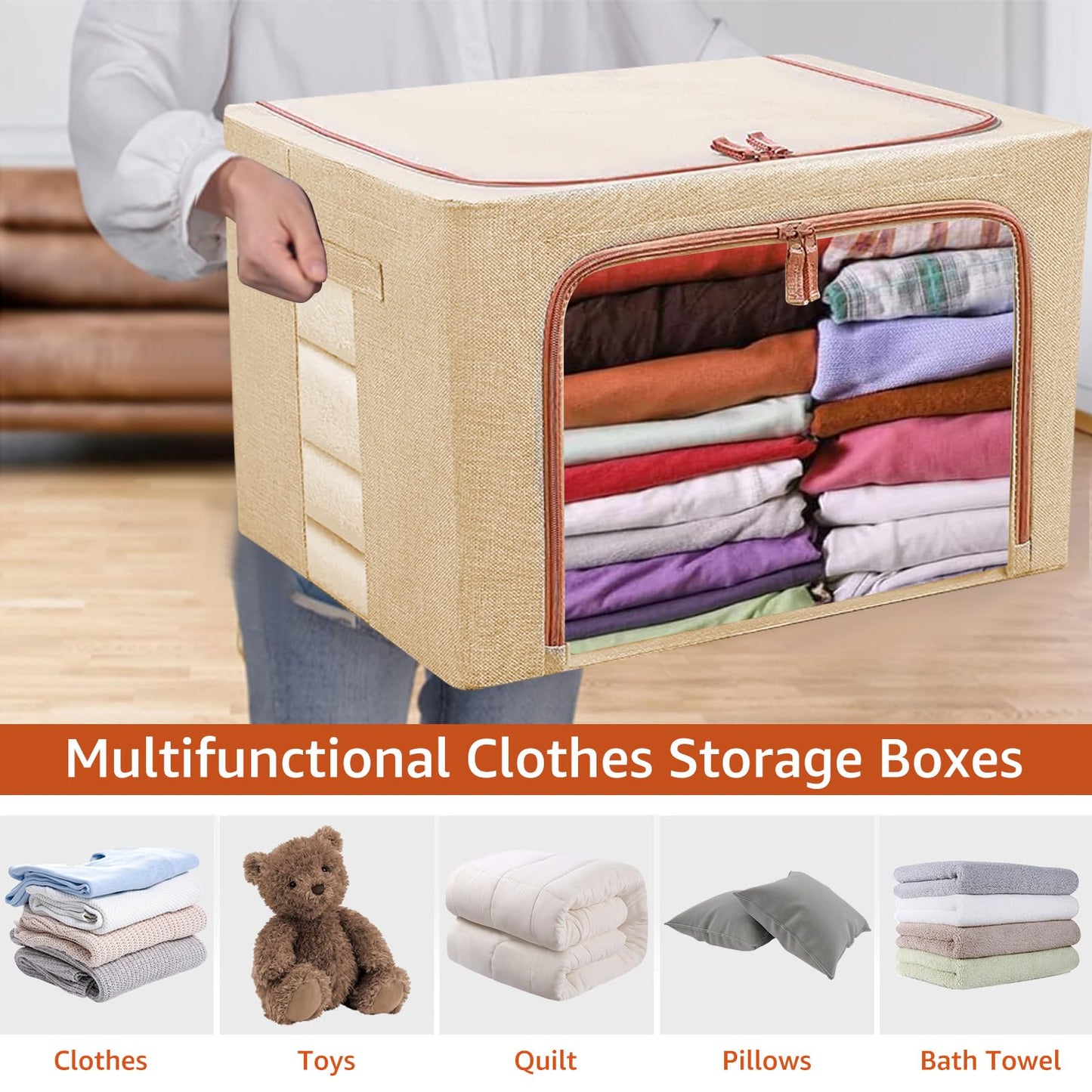 YOUNTHYE 4 Pack Clothes Storage Bags, 24L Foldable Clothes Storage Boxes with Lids, Clear Window & Carry Handles