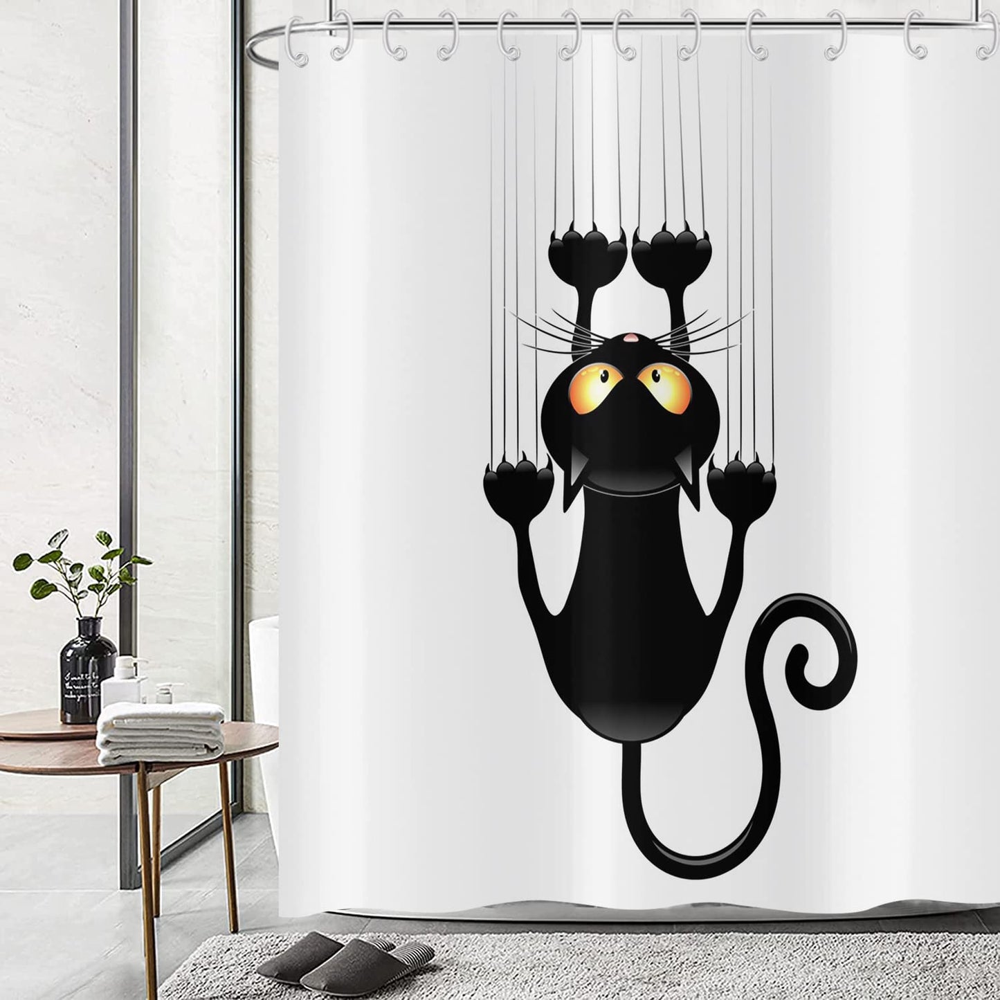 Hnmdmyi Funny Cat Shower Curtain 240x180, Black Kitten Scratching the Wall Bathroom Curtains Kids Cute Cartoon Animal Black and White Minimalism Art
