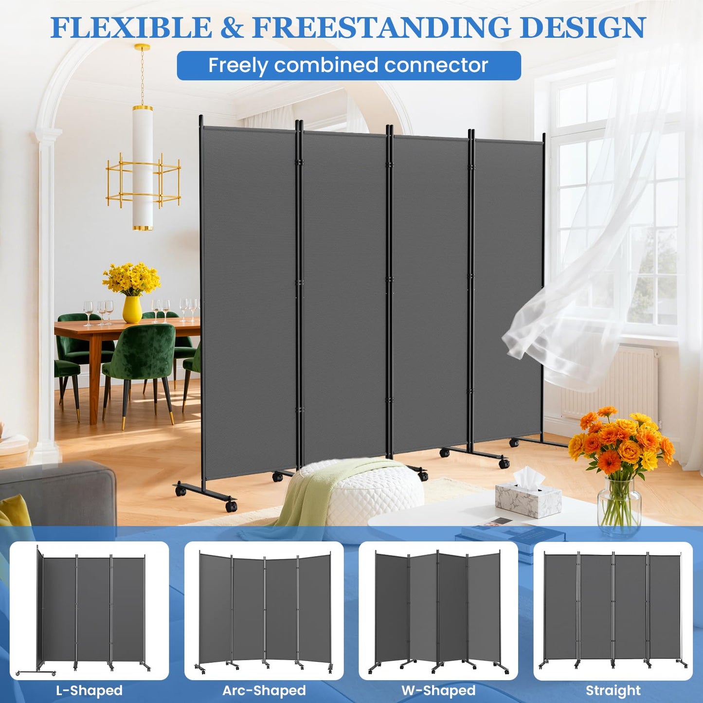 8 Panel Room Divider 183CM Folding Privacy Screens with Lockable Wheels