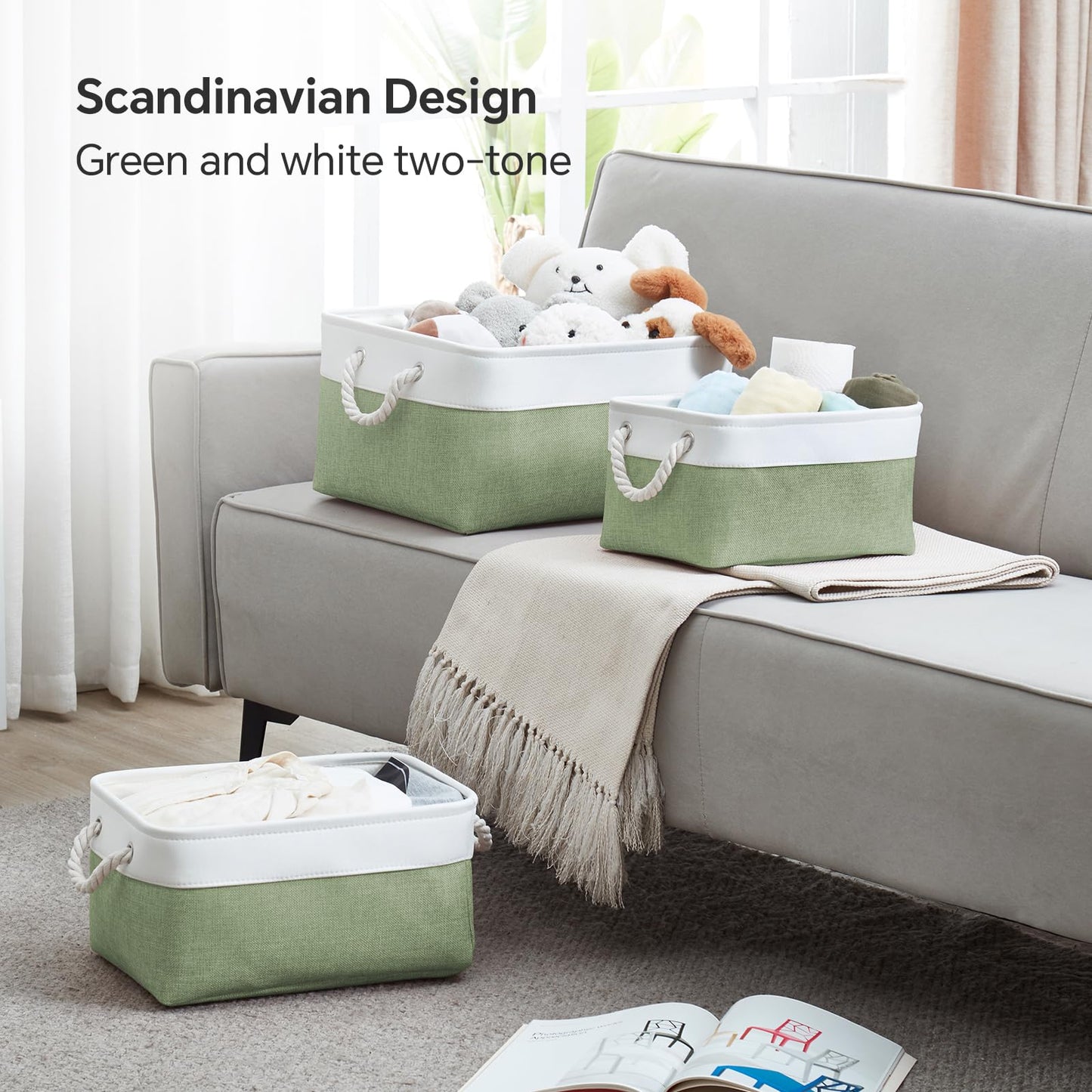 Mangata Soft Fabric Storage Basket with Handles, Multi-Size, Rectangular Linen Organiser Box for Shelf & Wardrobe, 31x21x16 cm, Green & White