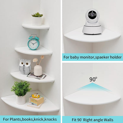 GIEANOO White Corner Shelf Wall Mount, Solid Oak Wood Set of 2 Floating Corner Shelf Round End Floating Speaker Shelf With Wire Hole Shelf for Small