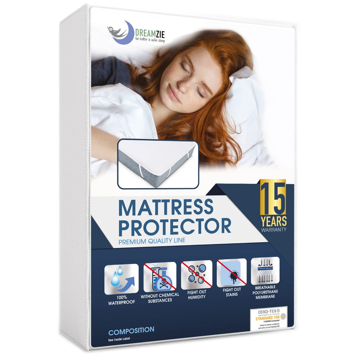 Dreamzie Mattress Protector Waterproof with 4 Elastic Corners - Made in EU - OEKO-TEX® Certified- For Mattress 80 x 160 cm