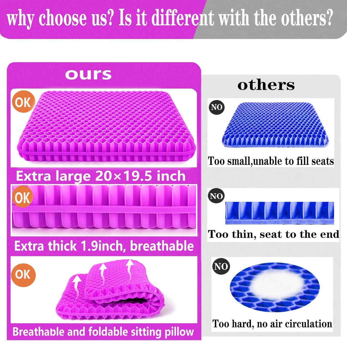 Plus Size Gel Seat Cushion, 50×50×4cm, Large and Thick Supportive Seat Cushion for Pressure Relief for Buttock, Sciatica, Tailbone Pain