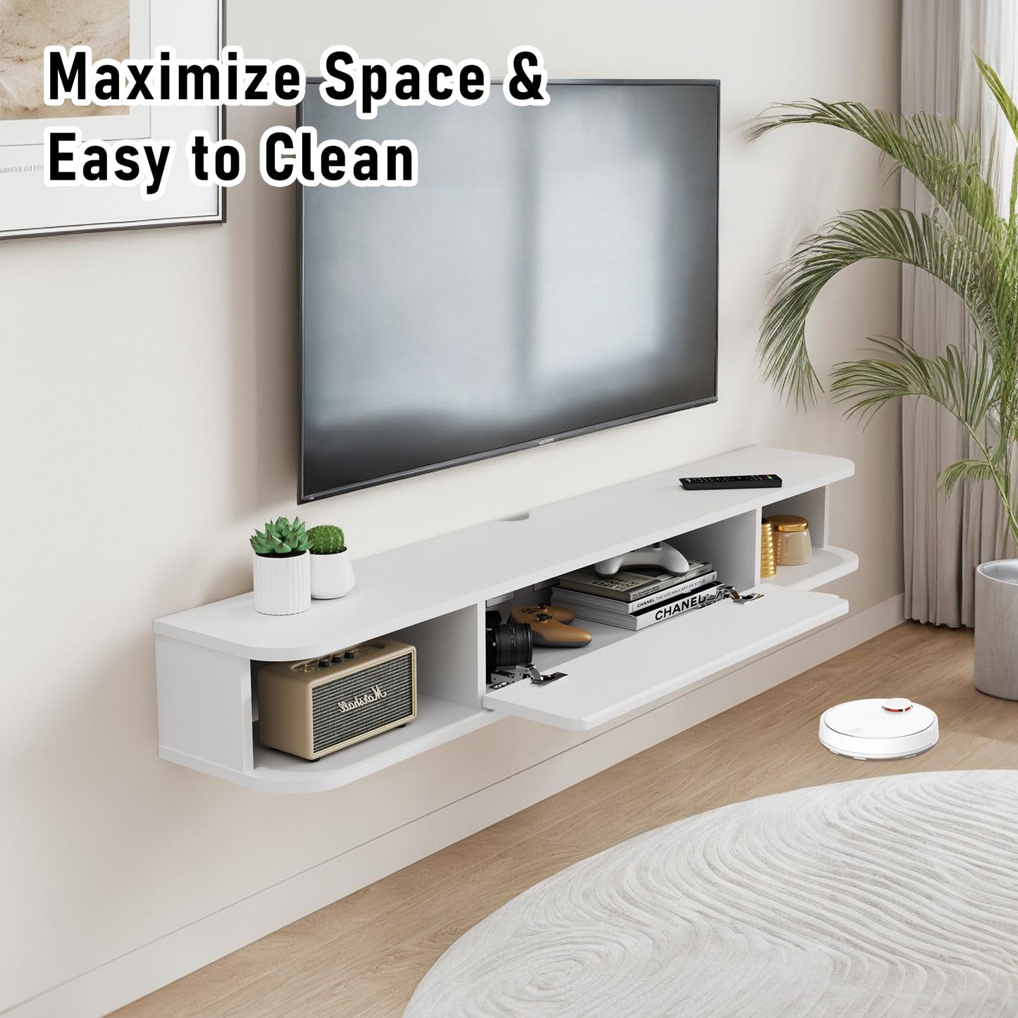 Pmnianhua Floating TV Shelf, Wall Mounted TV Cabinet, Floating Shelves with Door, Modern Entertainment Media Console Center Large Storage Under TV