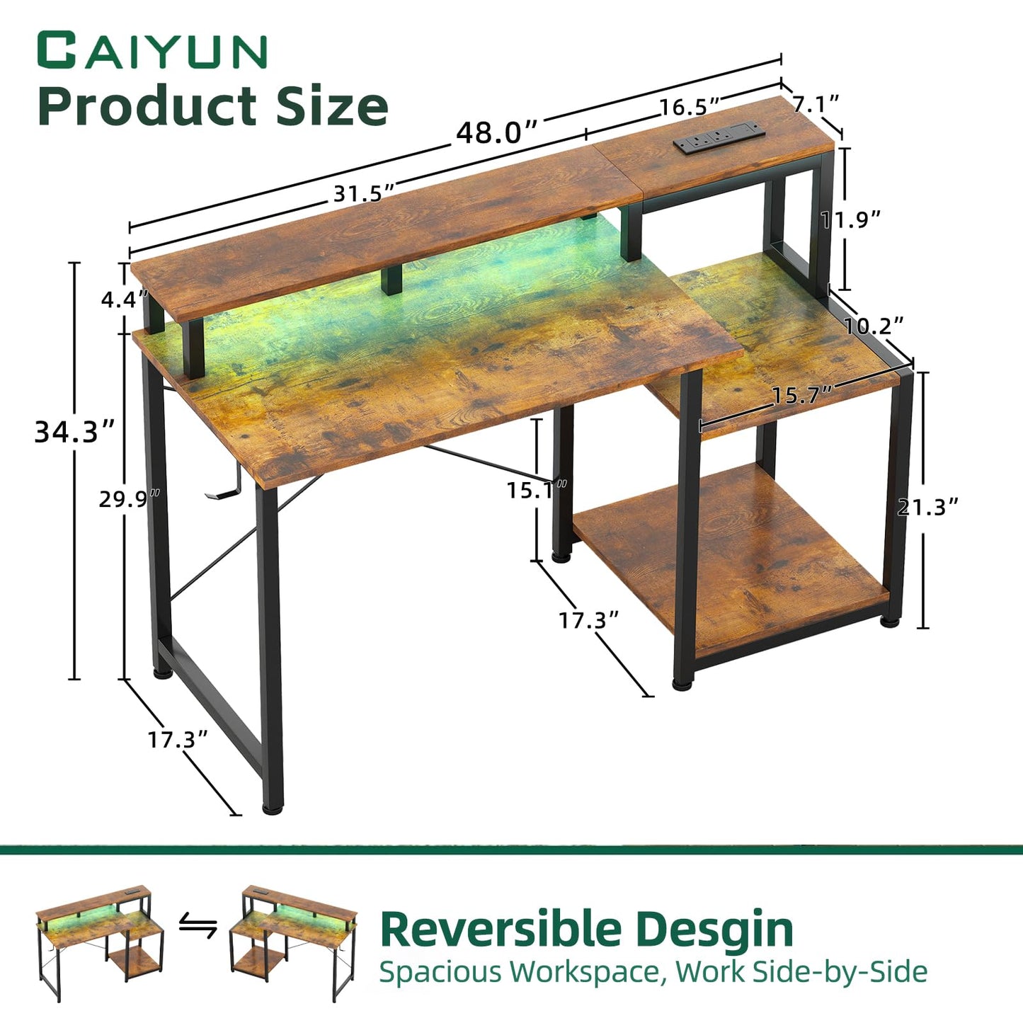 CAIYUN Computer Desk with Printer Stand, 48 Inch Computer with Power Outlets & Adjustable LED, Office Desk with Monitor Stand Rise