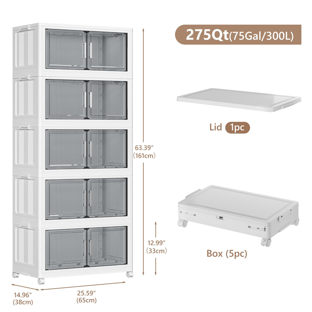 Naviconvex Storage Boxes with Lids, 5 Tier 300L Plastic Storage Box with Magnetic Doors and Wheels, Stackable Storages Boxes