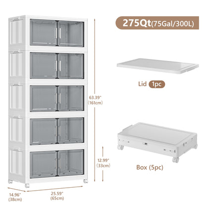 Naviconvex Storage Boxes with Lids, 5 Tier 300L Plastic Storage Box with Magnetic Doors and Wheels, Stackable Storages Boxes