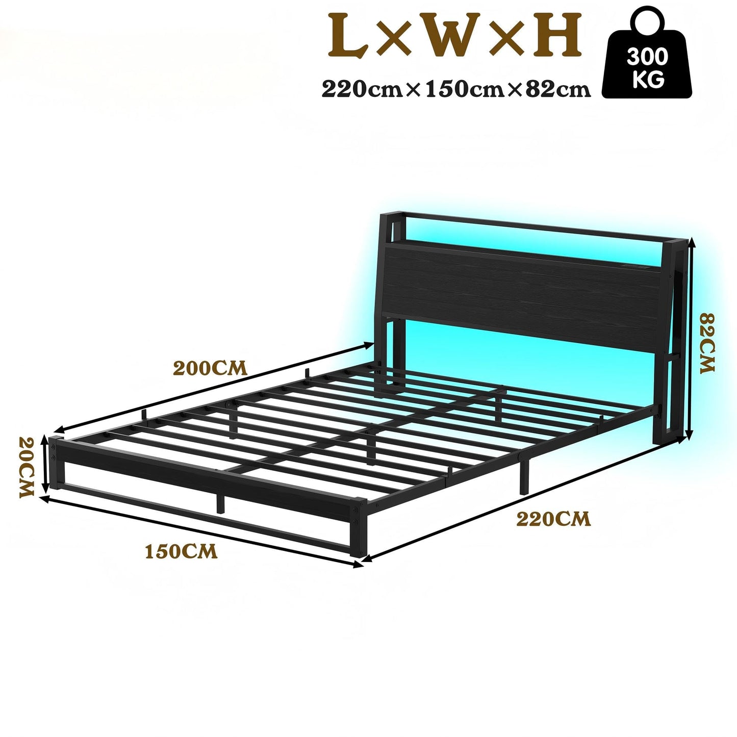MUZERUL King Size Bed Frame with Ergonomic Storage Headboard and LED,Metal Platform Low Bed Frame King Size 5ft,Kingsize Floor Bed Base with Charging