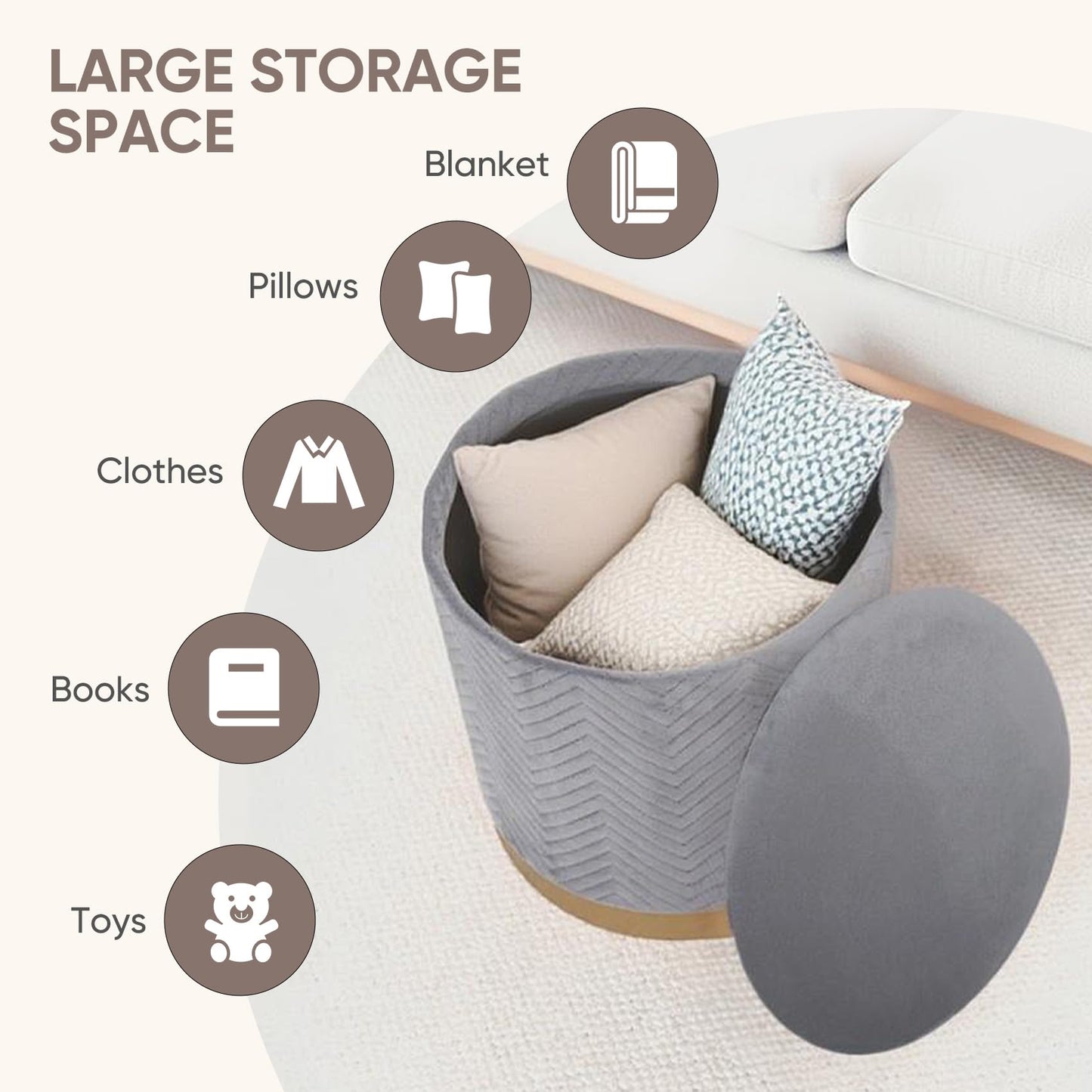 Bonlife Large Round Storage Ottoman, Foldable Footstool with Lid