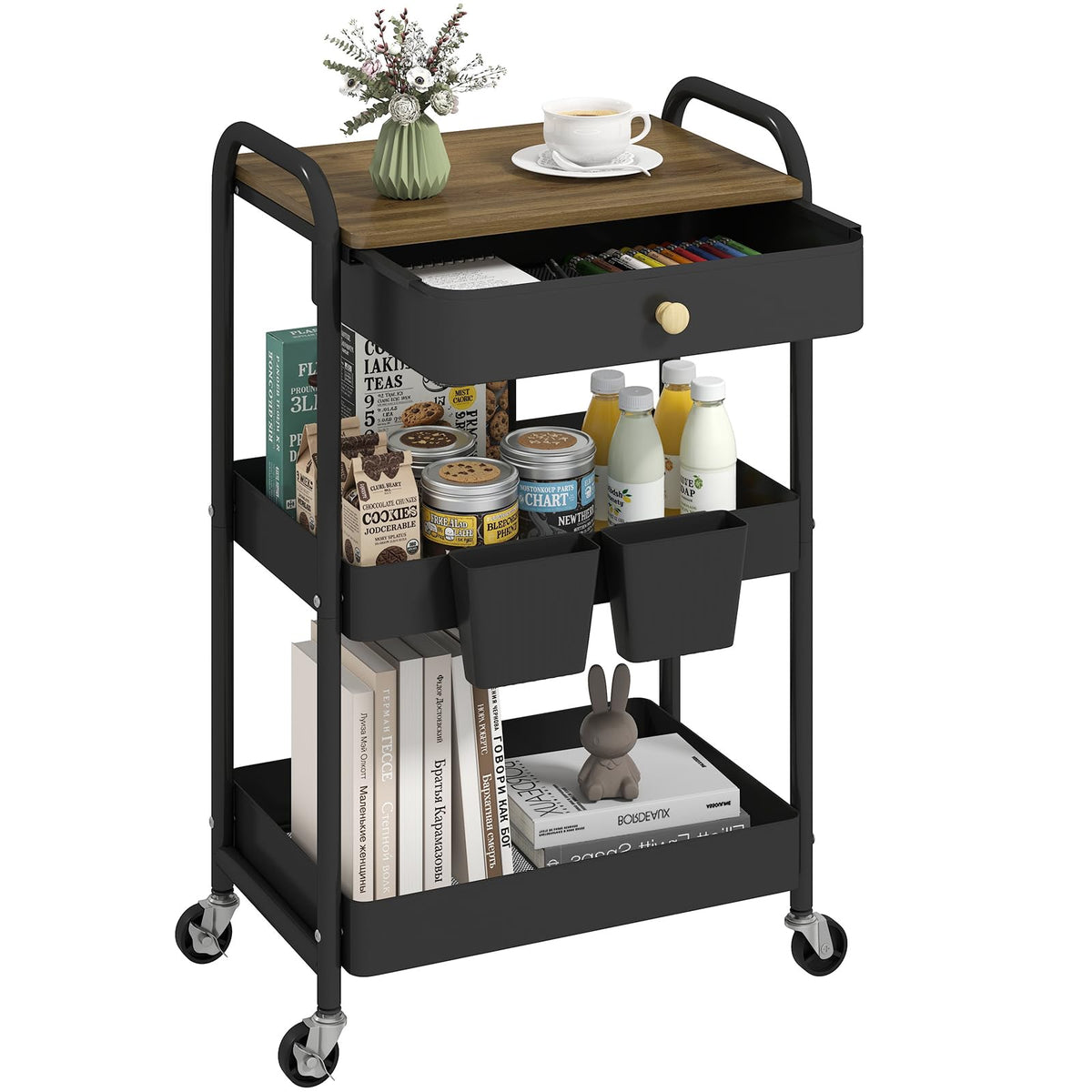 danpinera 3 Tier Rolling Cart, Metal Utility Cart with Wooden Table Top & Drawer, Rolling Carts, Storage Cart with Hanging Cups for Kitchen, Bathroom