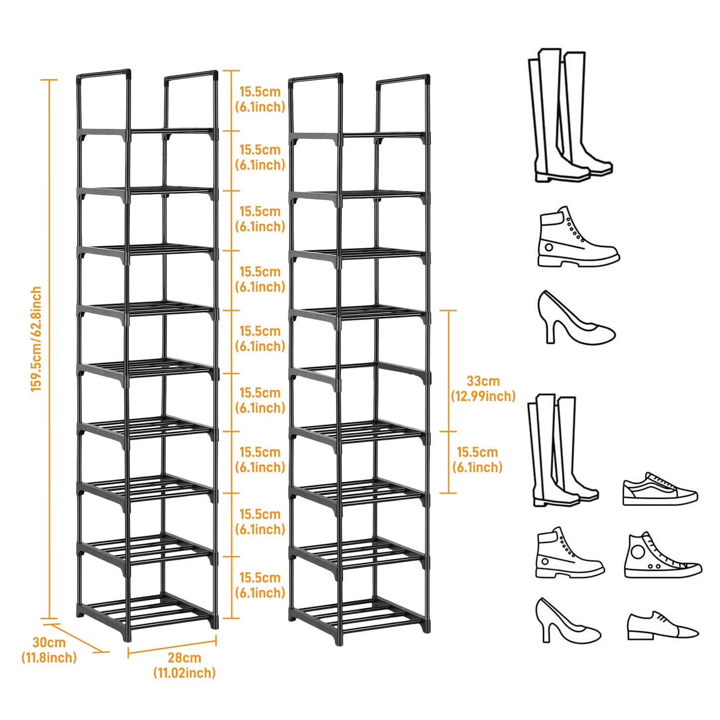 Dyserbuy 9 Tier Shoe Rack, Tall Shoe Storage Organiser, Narrow Shoe Rack Slim, Vertical Shoe Stand Shelf for Closet, Living Room, Bedroom, Entryway
