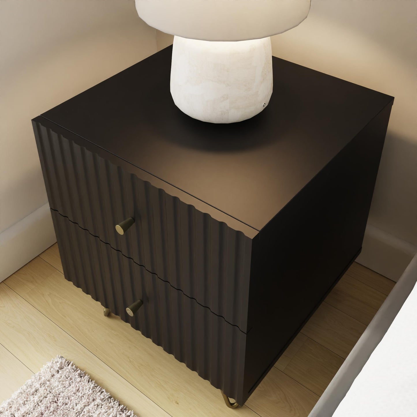 GFW Thalia 2 Drawer Bedside Table with Ribbed Front, Modern Nightstand with Brass Hairpin Legs for Bedroom Storage, Contemporary Side Table