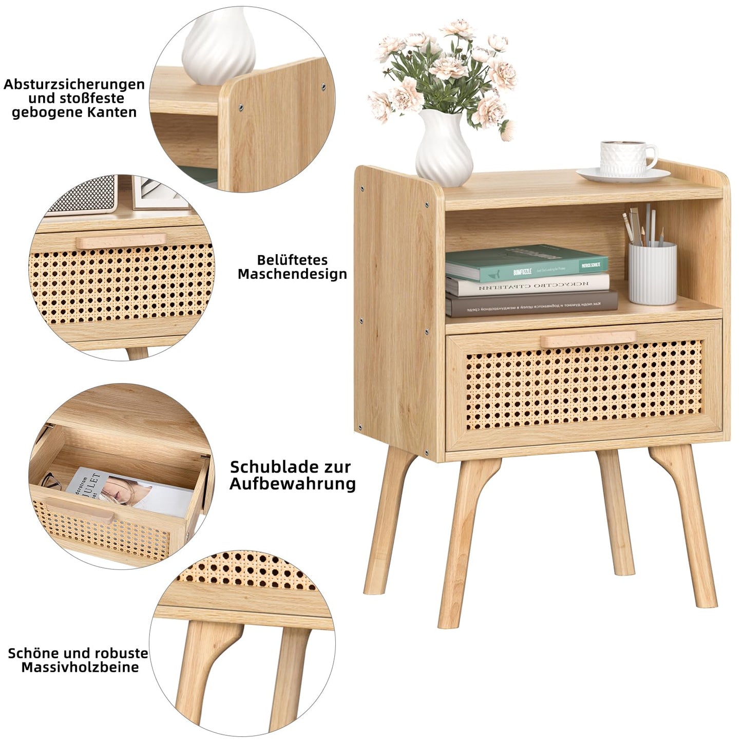 LELELINKY Rattan Bedside Table, Boho Wooden Side Table