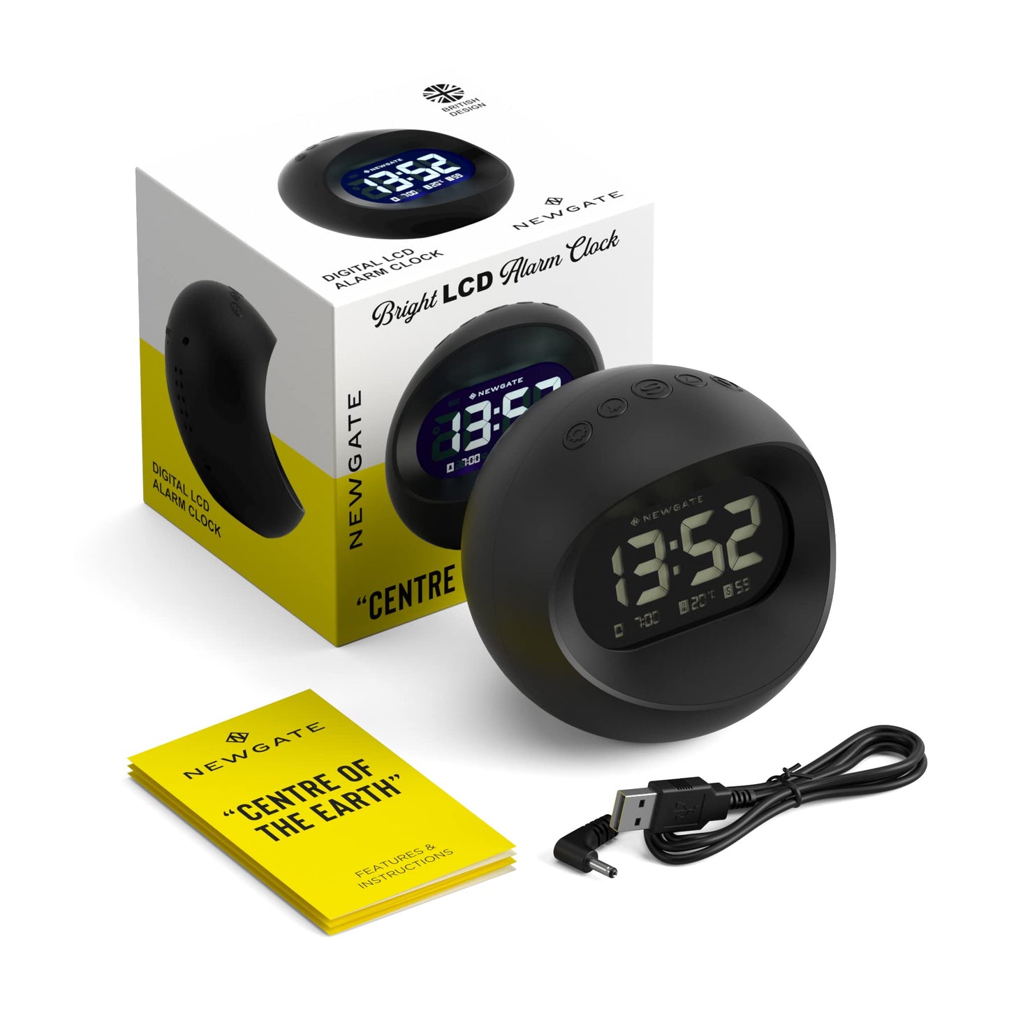 NEWGATE Center of The Earth Bedside Digital Alarm Bedroom Accessories LCD Screen Desk Clock, Acrylic, Black, cm