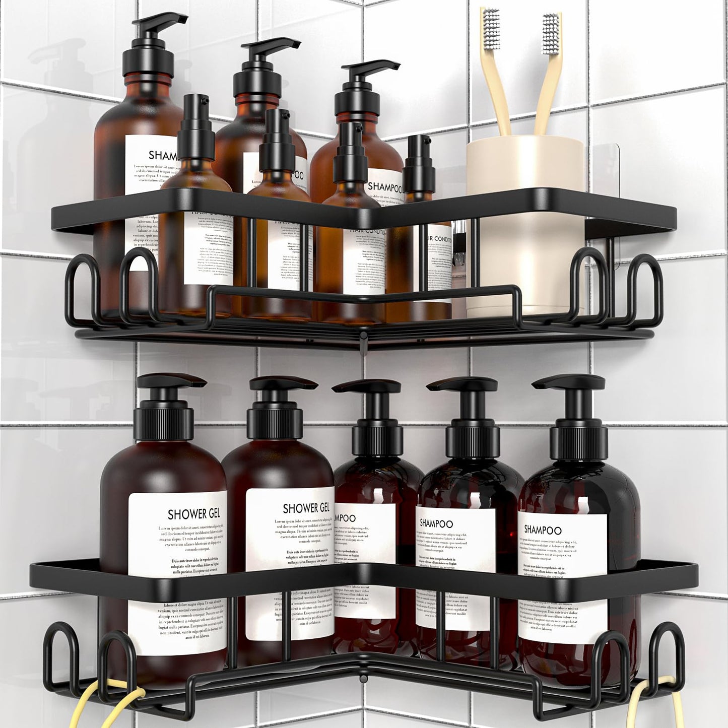 Diwoker Corner Shower Caddy, Adhesive Bathroom Storage (Black, 2-Pack)
