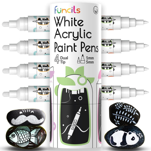 Funcils 4 Dual Tip White Acrylic Paint Pens - Extra Fine Tip & Medium - White Acrylic Paint Markers for Metal, Rocks, Canvas, Wood, Ceramic, Glass,