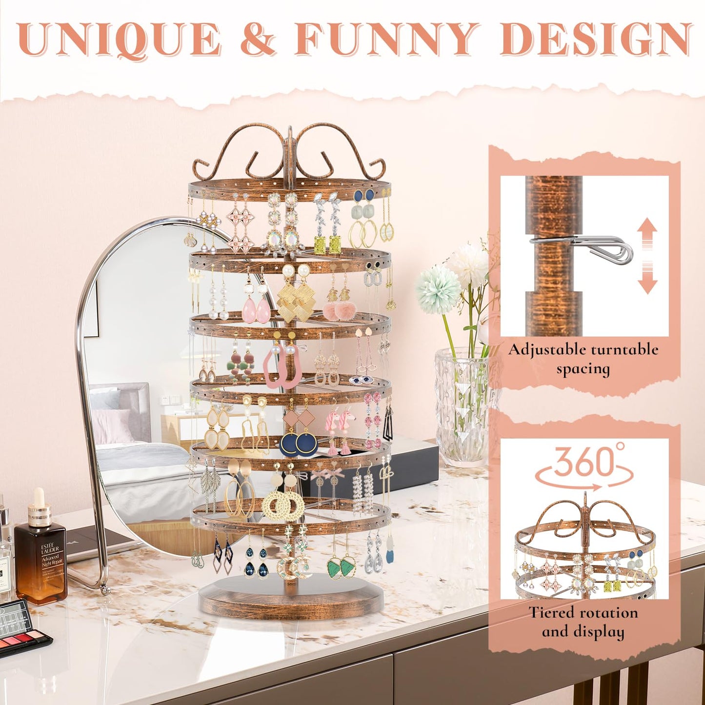 iDavosic.ly 6 Tier Metal Rotating Earring Holder Organizer Stand, Bronze