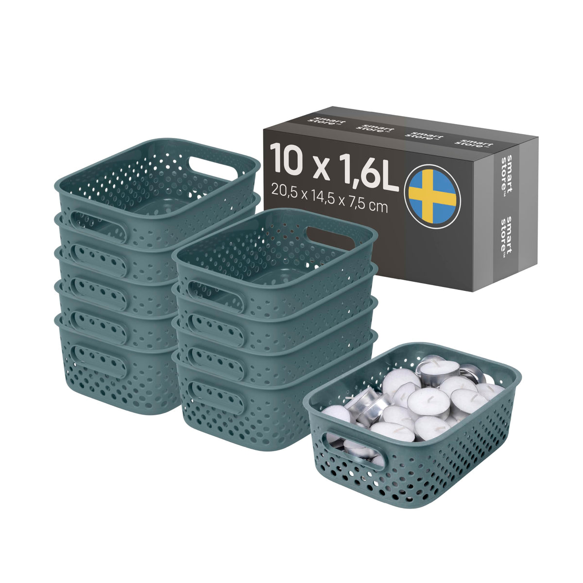 SmartStore Storage Basket with Handles in Grey 10 x 1,6L 20,5x14,5x7,5cm | Storage Bin From Recycled Plastic | Essence S Storage Box