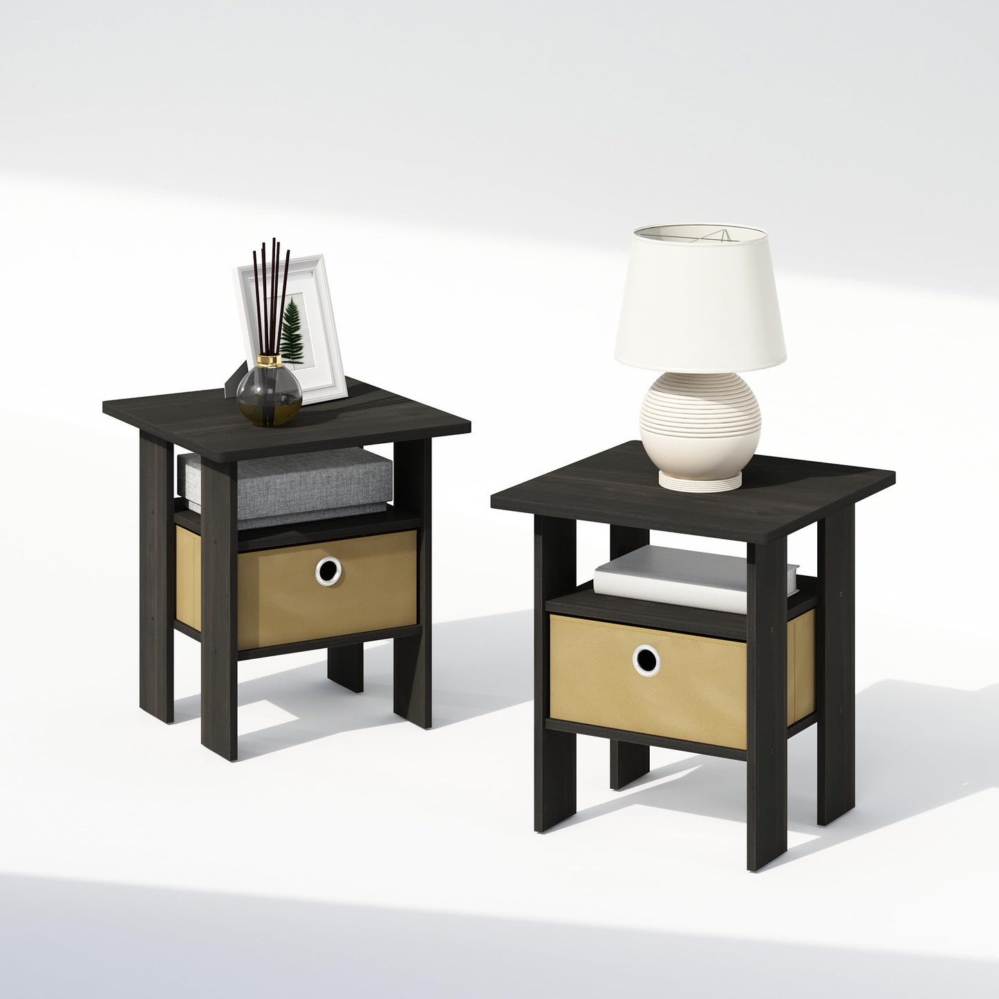 Furinno TIDUR Set of 2, Bedside Table with Storage Bin, Espresso