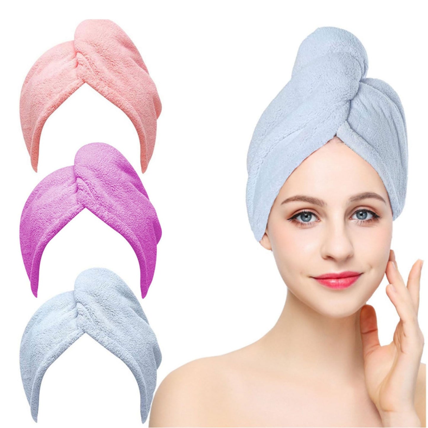 Comioke Hair Turban, Hair Towel Wrap, 3 Pack Head Towelling, Super Absorbent Twist Turban, Soft and Anti Frizz Head Towel with Button