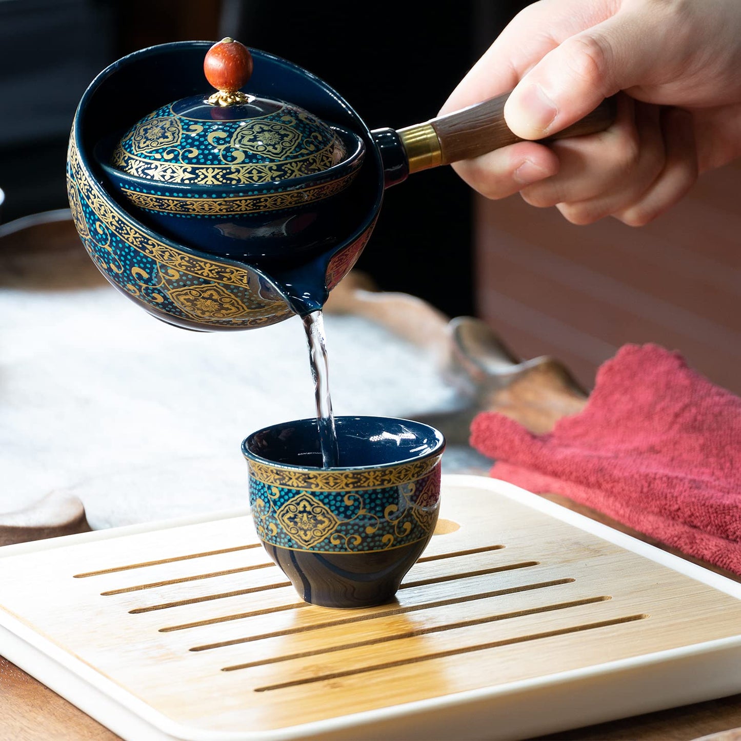 LURRIER Porcelain Chinese Gongfu Tea Set,Portable Teapot Set with 360 Rotation Tea Maker and Infuser,Portable All in One Gift Bag for