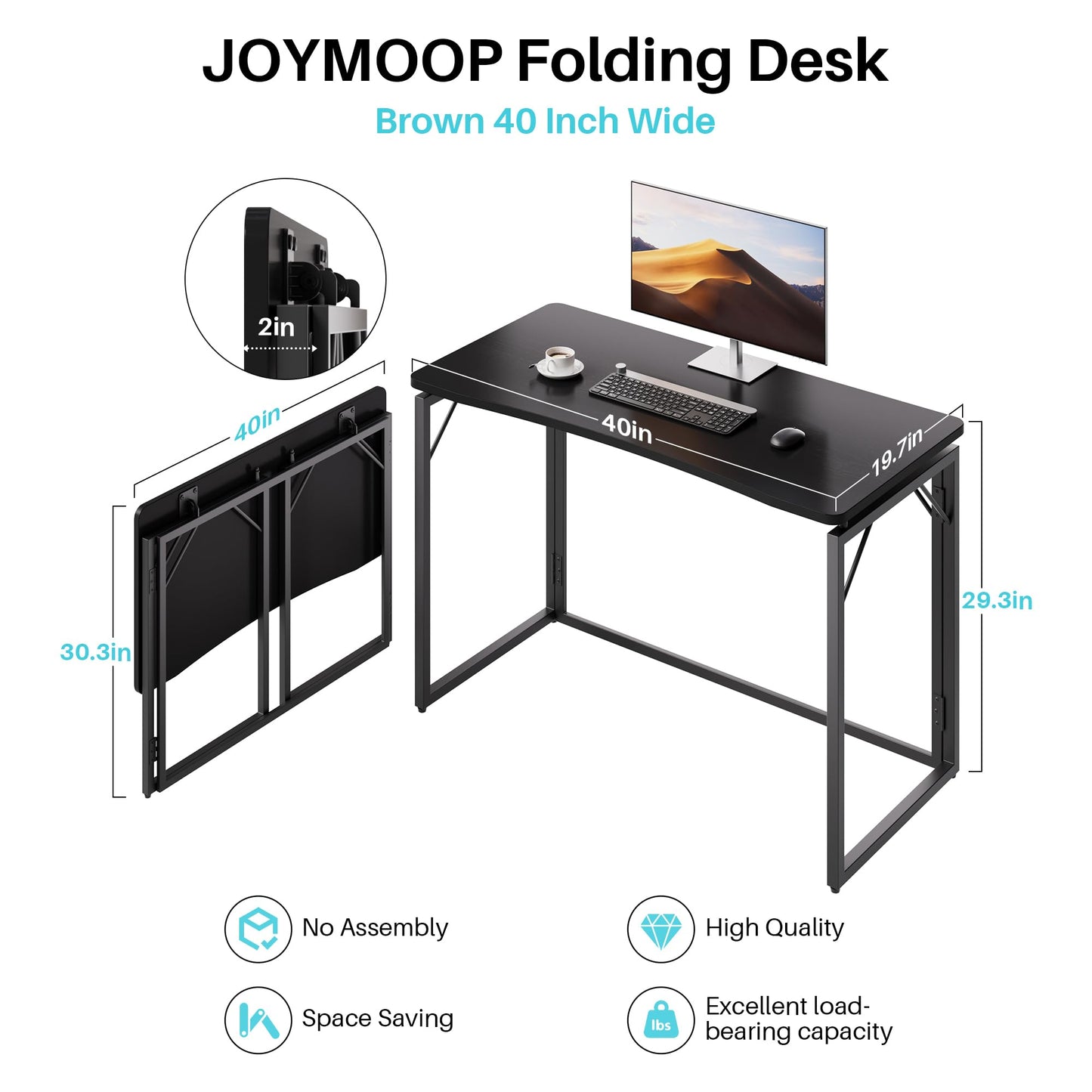 JOYMOOP Black 100 x 50 cm Folding Desk, No Assembly Small Foldable Desk for Home, Office, Wooden Top Folding Computer Desk for Working, Writing
