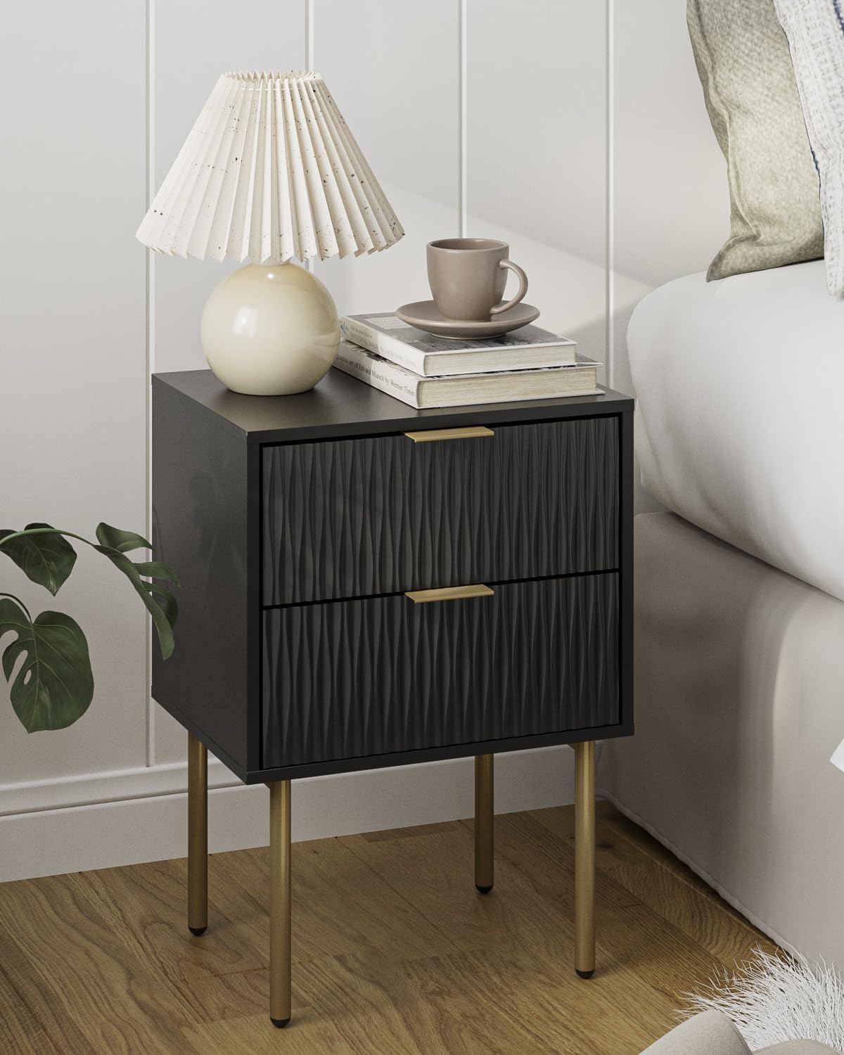 Apetaccat Bedside Table, Fluted Nightstand with 2 Drawers, Modern Bedside Cabniet Wooden, Side Table for Bedroom, Living Room, Black