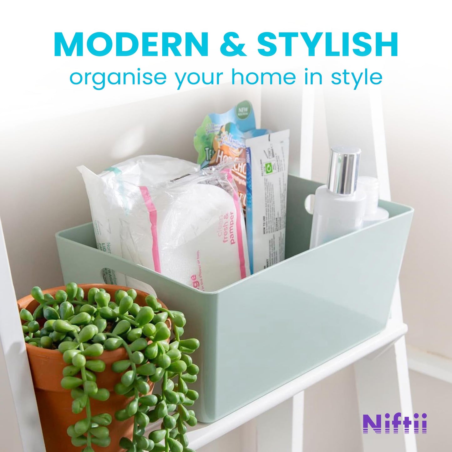 Niftii 5-Pack Plastic Storage Baskets with Sturdy Handles, Lightweight & Durable Design, Ideal for Kitchen, Bathroom, and Cleaning Organisation