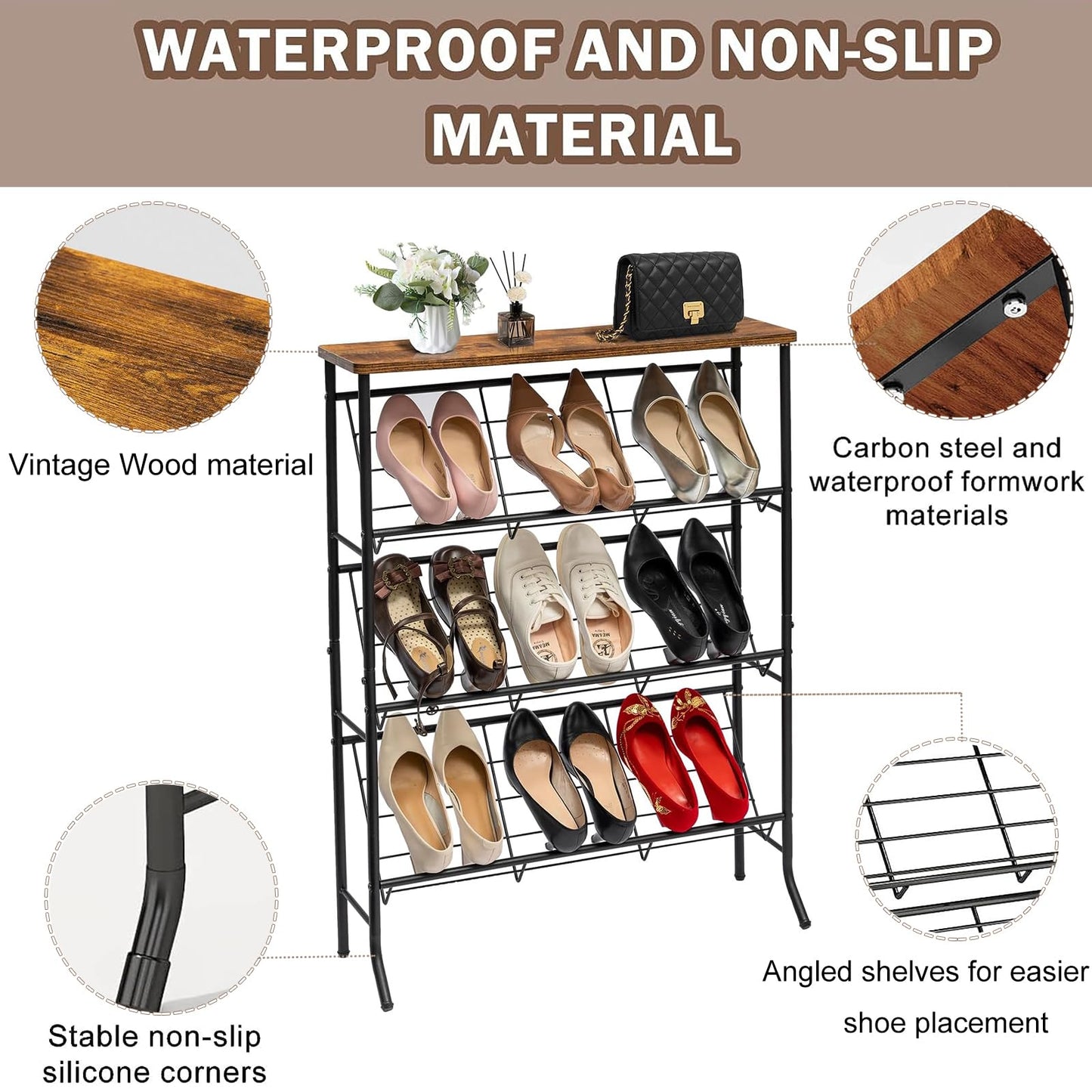 SHMSHNG Shoe Rack Slim Metal Shoe Rack with 4 Levels, Stackable Small Shoe Rack, Shoe Rack Organiser for 12-16 Pairs of Shoes