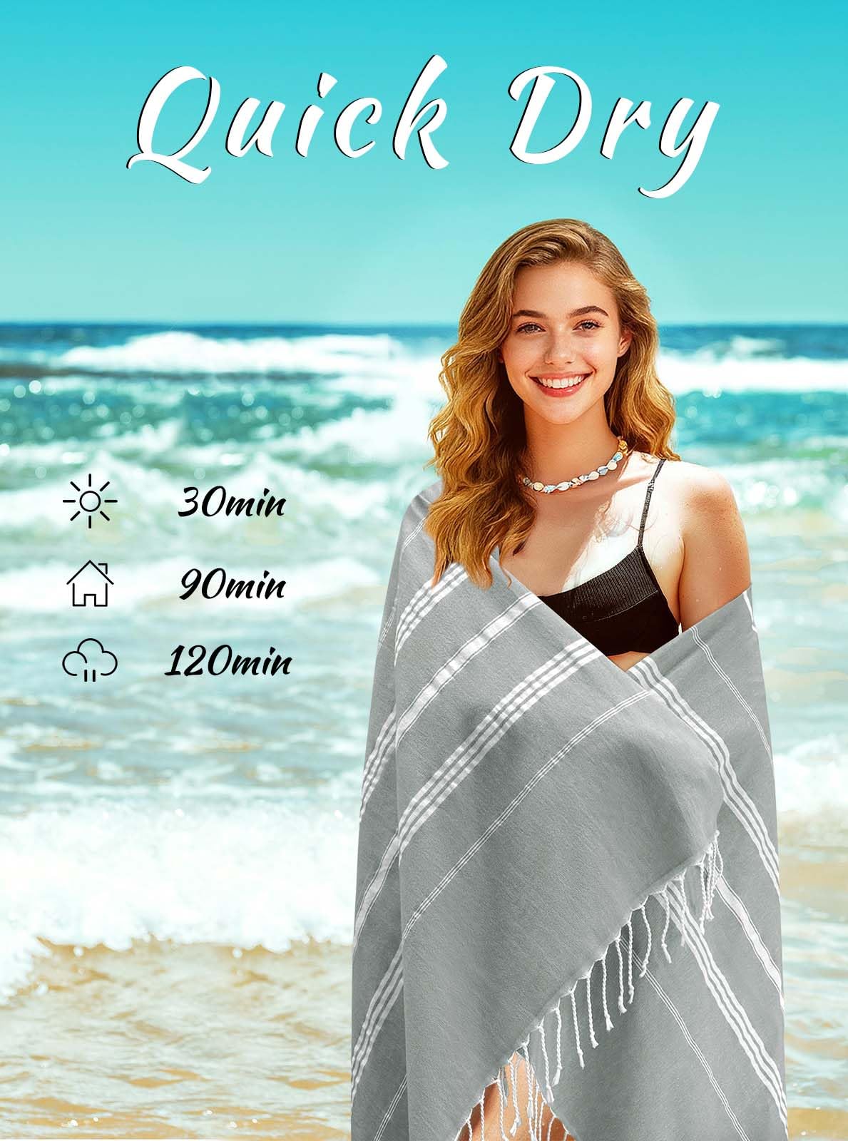 Ouxiaobai Turkish Beach Towel Oversized - 40"x70" Quick Dry Sand Free Thin Beach Towels for Adults, Extra Large Lightweigh Travel Towel(Grey)