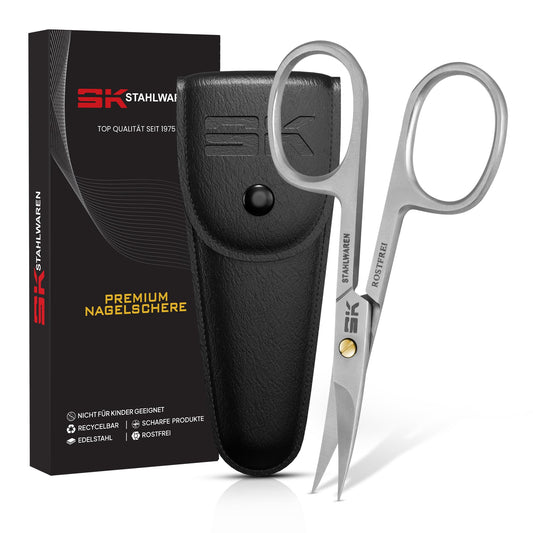 SK Stahlwaren Curved Nail Scissors - Stainless Steel Rustproof - Precise Cutting - Manicure & Pedicure Care - Faux Leather Case - Silver