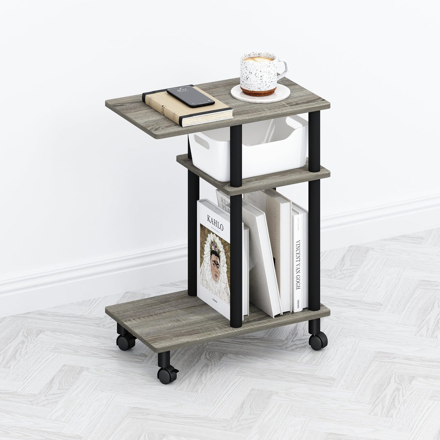 Furinno TOMI Side Table, 3-Tier C-Shape Open Shelf End Table with Wheels, Night Stand, Bedside Table, Toolless Assembly, for Living Room, Bedroom