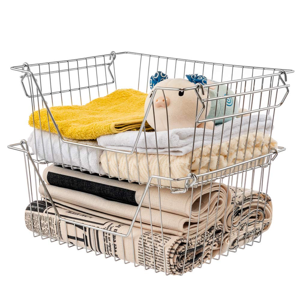 Stackable Wire Storage Organizer Baskets Cabinet Organizing Sturdy Metal Wire Pantry Freezer Bins for Home Bathroom Fridge Kitchen Shelves
