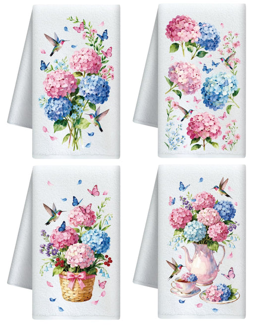 CUTHOLLOW Hydrangea and Hummingbirds Decorative Kitchen Towels Set of 4, 60x40cm Soft Absorbent Microfiber Dish Towel for Tea Coffee Bar Home, Gift