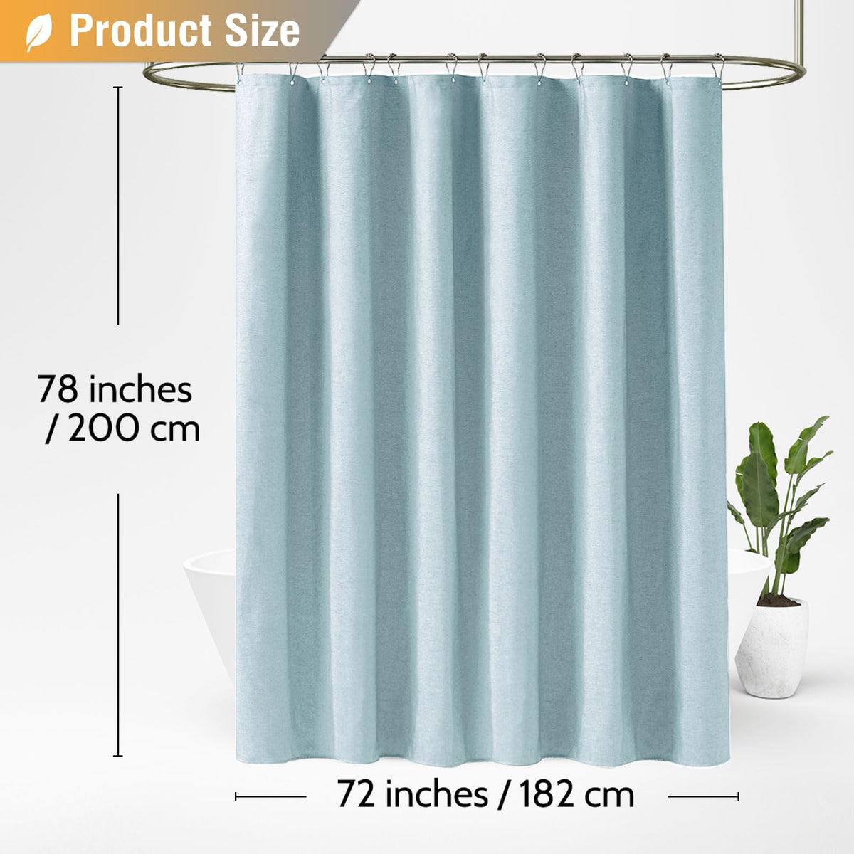 BTTN Long Linen Look Shower Curtain, Waterproof, 182x200cm, Fog Blue