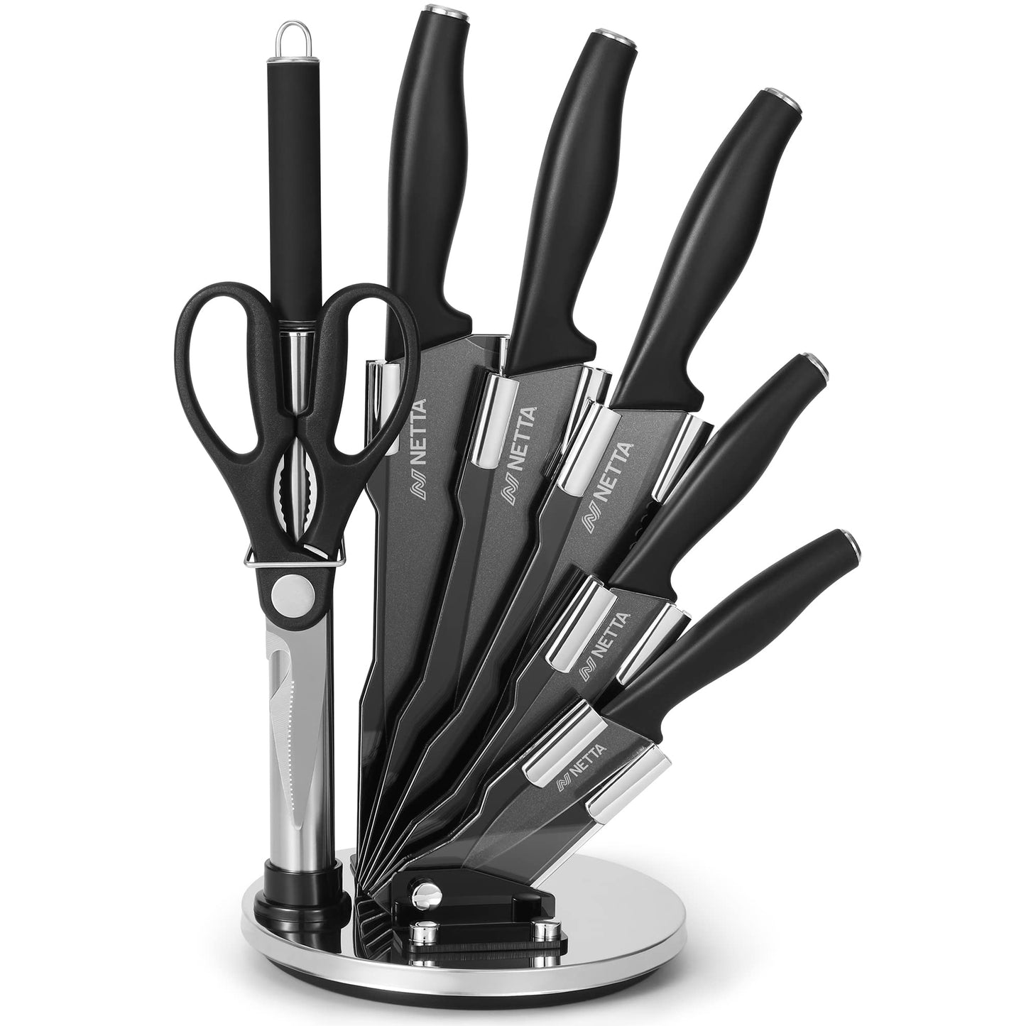 NETTA Kitchen Knife Set with Block - 7 Piece Stainless Steel - Premium Kitchen Set with Clear Storage Block, 5 Knives, Scissors, Knife Sharpener -