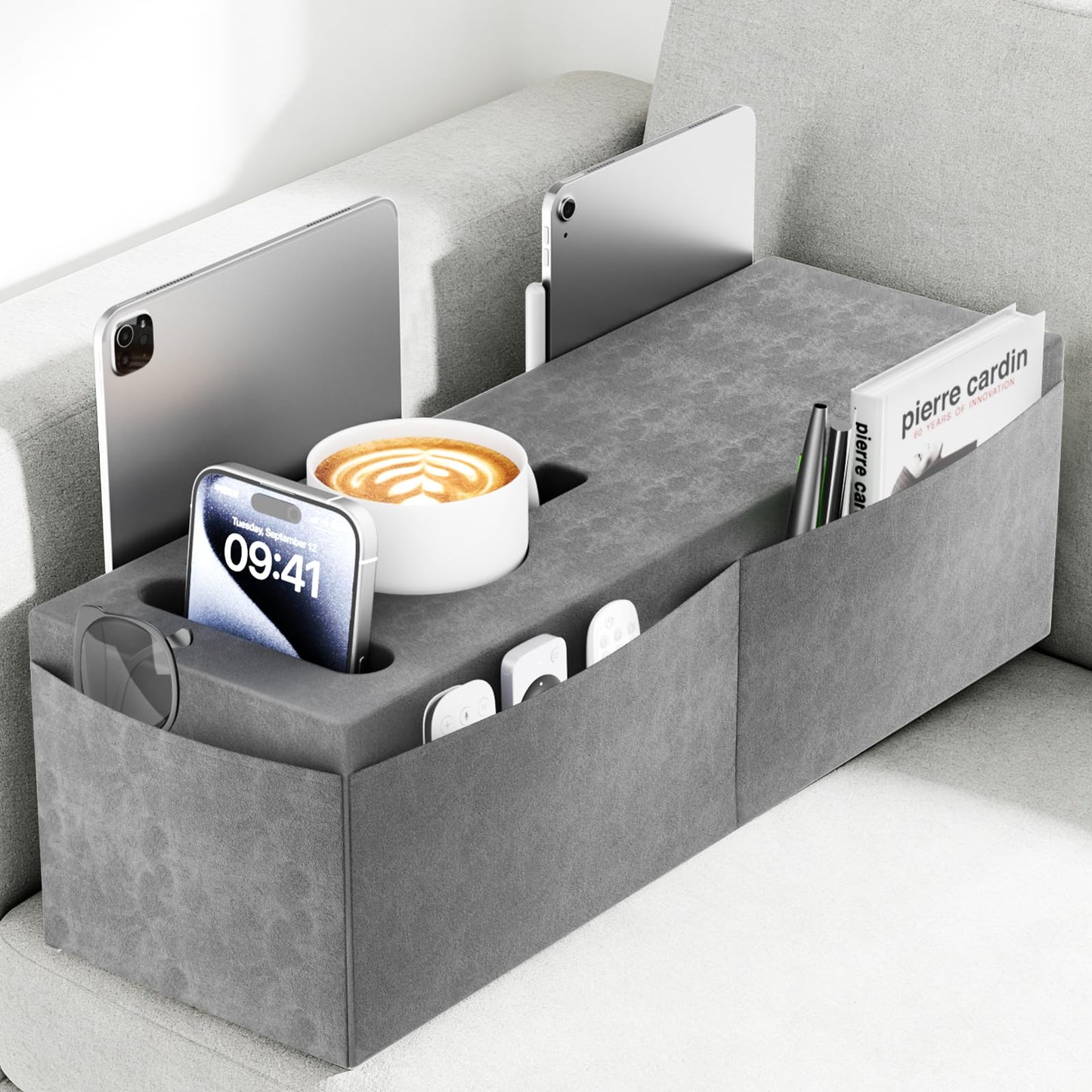 Heyife Couch Armrest Caddy with Cup Holder, Portable Sofa Armrest Pillow Drink Holder Table Tray with 5 Large Side Storage Pockets