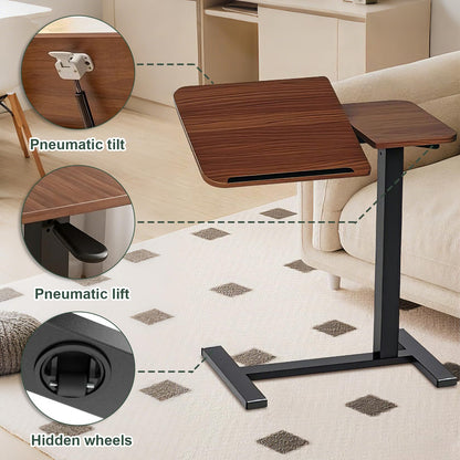 YunMeoCool C Shaped Side Table Adjustable Height with Hidden Wheels, Dual Pneumatic Lift & Tilt Top, 60x40cm Mobile Overbed Table That Slide Under