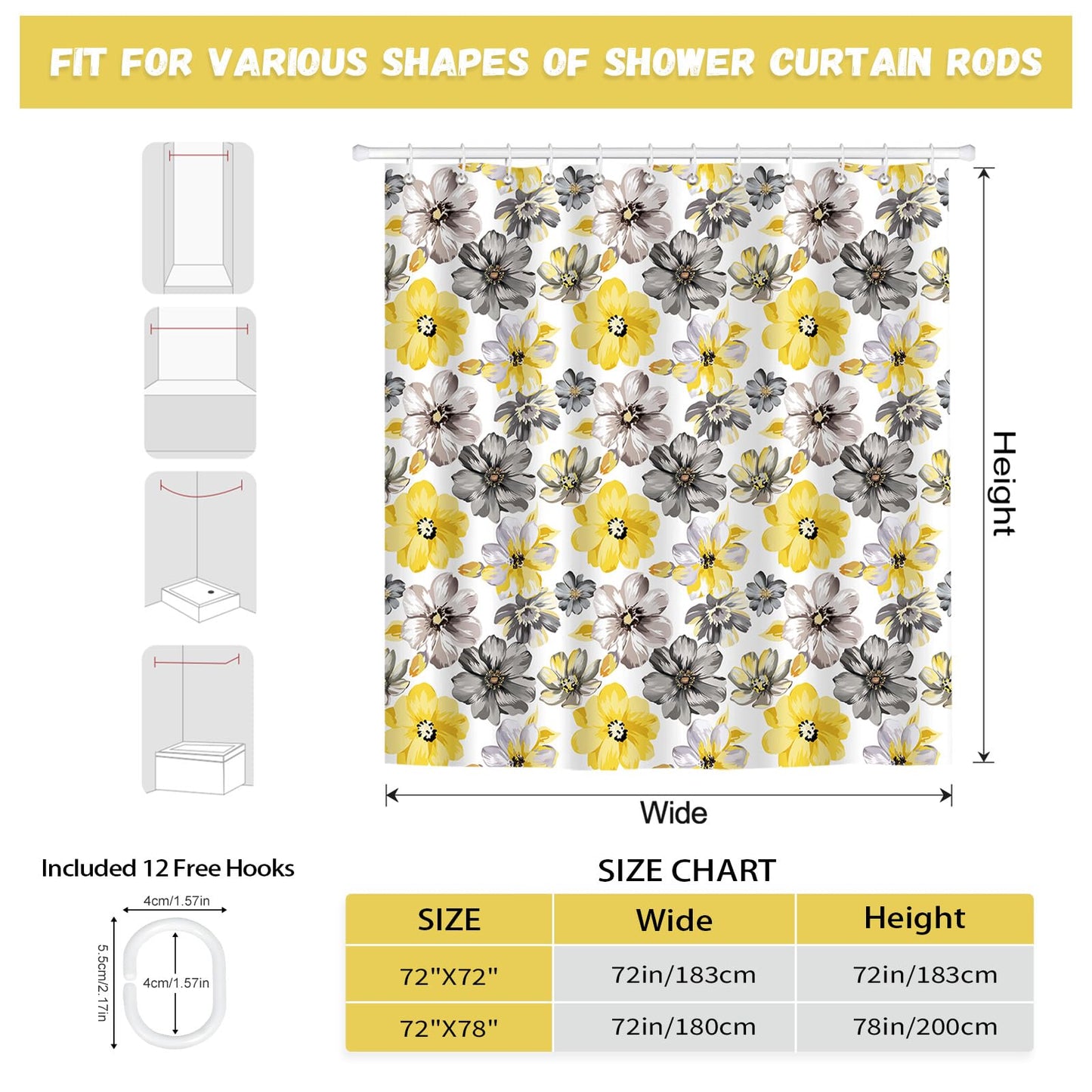 hometrixx Spring Farmhouse Floral Yellow Gray Shower Curtain 180x180cm