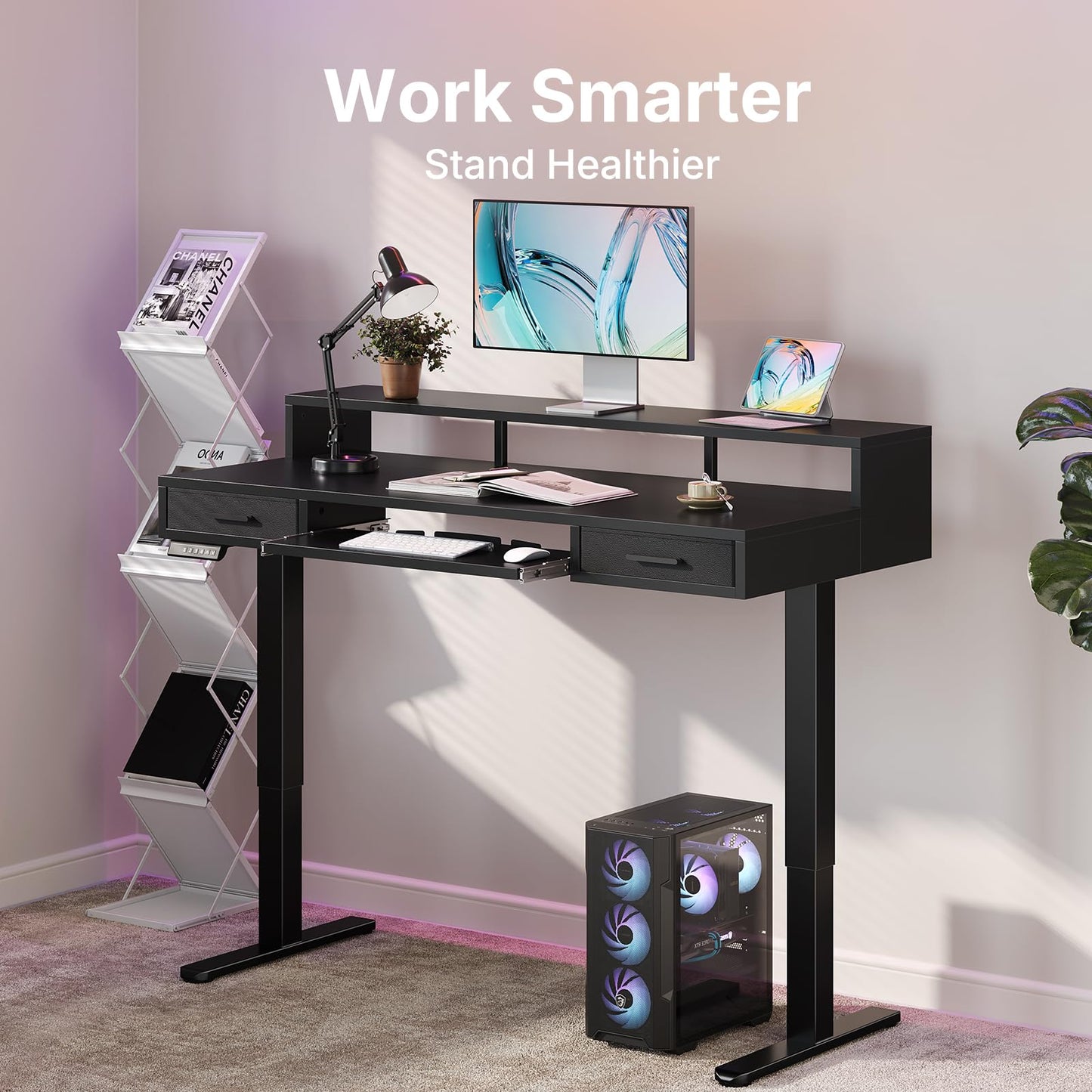 HUANUO 140 x 66cm Standing Desk with Drawers & 64cm Large Keyboard Tray, Electric Standing Desk with 4 Memory Height Settings for Home Office
