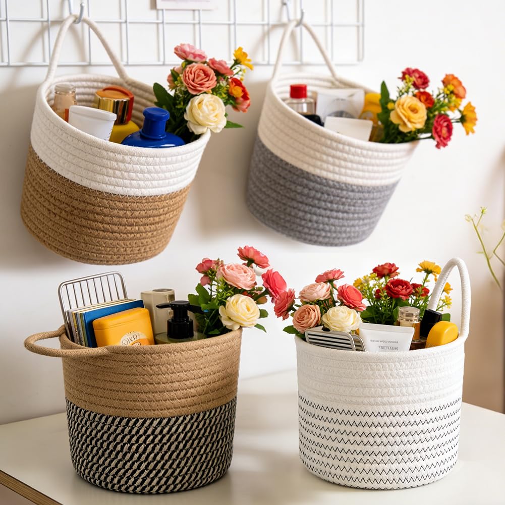 Cotton Hanging Baskets, Organiser, Storage Basket, Wall Baskets with Handle, 15 x 15 cm, Storage Baskets for Kitchen, Bathroom, Bedroom, Living Room